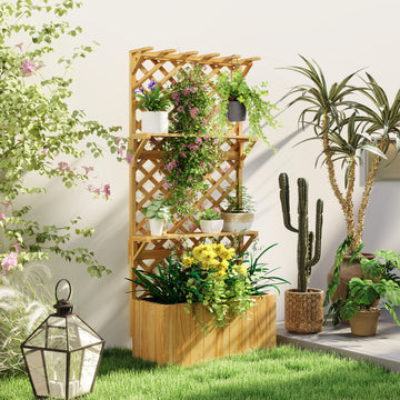 Raised Garden Bed, Wooden Planter with Trellis, Hanging Roof, Plant Shelf, Drainage Holes and Bed Liner, Nature Wood