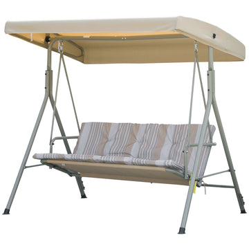 3-Seat Patio Swing Chair, Outdoor Porch Swing Glider with Adjustable Canopy, Light Brown