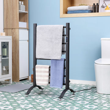 8-Bar Heated Towel Warmer Rack with Built-in Timer and LED Indicators, Wall Mounted & Free Standing Carbon Steel Electric Towel Bar with Adjustable Temperature, Black