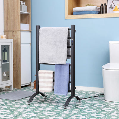8-Bar Heated Towel Warmer Rack with Built-in Timer and LED Indicators, Wall Mounted & Free Standing Carbon Steel Electric Towel Bar with Adjustable Temperature, Black