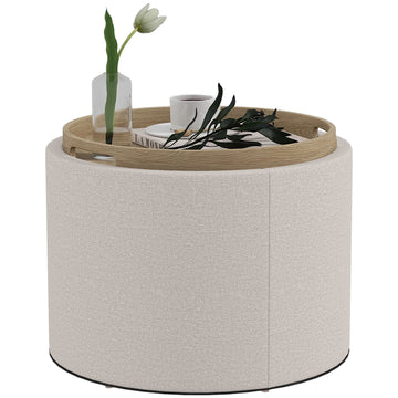 Round Coffee Table, End Table with Hidden Storage and Tray Top, Linen Upholstered Footrest for Living Room