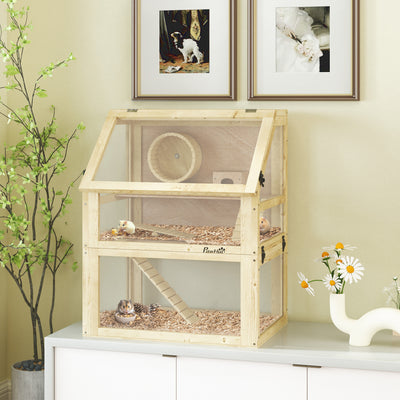 Wooden Hamster Cage, 3 Tier Gerbil Cage with Deep Bottom, Hut, Seesaw, Exercise Wheel, Ramps, 24