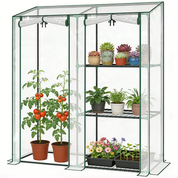 Mini Greenhouse, Portable Greenhouse with 3 Shelves, 2 Roll-up Doors, 56.3