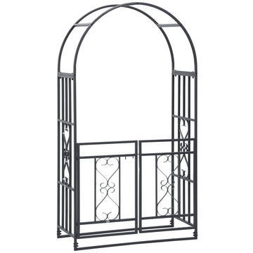 6.7 FT Steel Garden Arch with Gate Outdoor Courtyard Arbor for Climbing Vine Plants Lawn Backyard Decoration Dark Grey