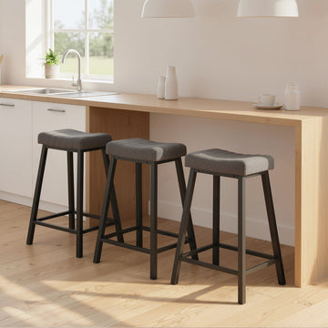Set of 3 Bar Stools, Velvet Upholstered Counter Stools with Curved Seat and Footrest for Kitchen Island, Grey