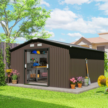 11' x 13'Garden Storage Shed w/ Foundation Kit Metal Tool Storage House w/ Double Doors, Brown