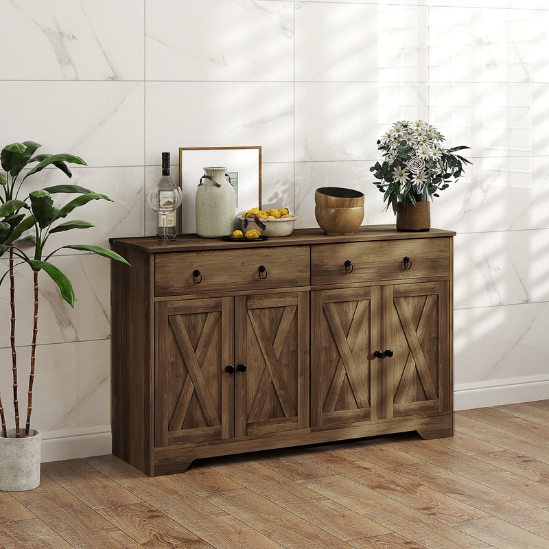 Kitchen Sideboard Cabinet with 2 Drawers, 4 Barn Doors and 2 Adjustable Shelves, Buffet Table for Living Room, Tan