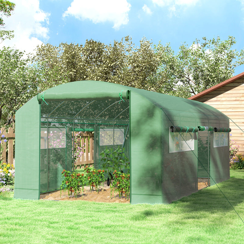 19.5' x 10' x 7.5' Tunnel Greenhouse with 3 Roll-Up Doors and Large Mesh Windows, Galvanized Steel Frame, Wind Resistant