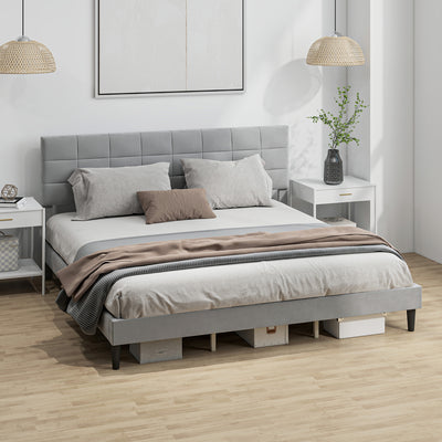 Queen Size Bed Frame with Upholstered Headboard, Modern Platform Bed Frame with Wood Slats, 1100 lbs Capacity, Grey