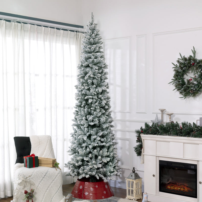 9ft Pencil Christmas Tree, Flocked Tree with 1277 Branch Tips and Metal Base for Home, Indoor, Holiday