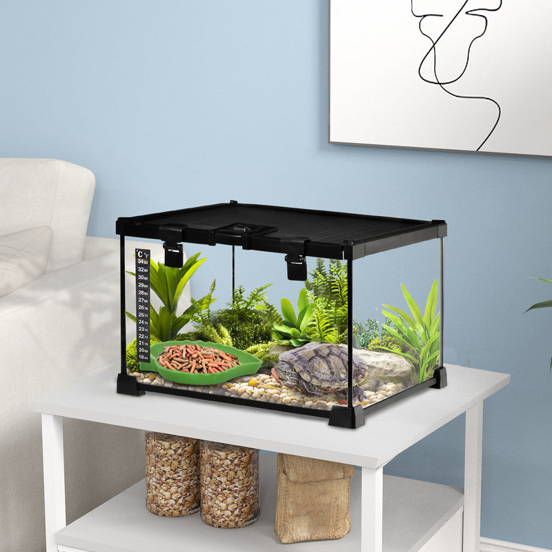 Glass Reptile Terrarium with Thermometer, Water Basin, Full View Visually for Lizards, Horned Frogs, Snakes, Spiders