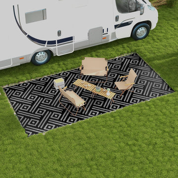 Reversible Outdoor Rug Waterproof Plastic Straw RV Rug with Carry Bag, 9' x 18', Black and Grey Geometric