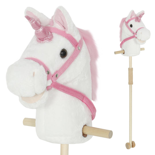 Unicorn Stick Horse, Plush Hobby Horse with Wood Wheels, Real Pony Neighing and Galloping Sounds, for Kids, White