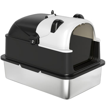 Panda Style XL Stainless Steel Cat Litter Box with Lid, Enclosed Kitty Litter Box with Scoop, 23.7