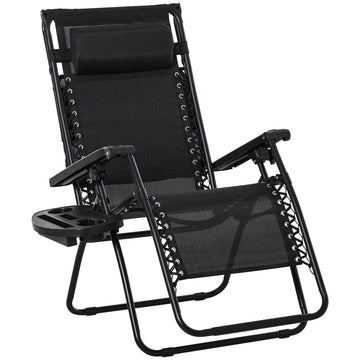 Outdoor Zero Gravity Reclining Lounger Chair with Canopy Shade, Side Tray, Cupholder, Black
