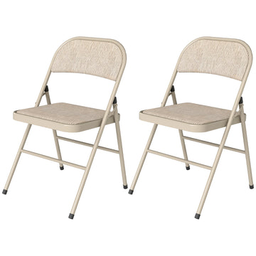 Set of 2 Metal Foldable Chairs, Linen Fabric Padded Folding Chairs with Cushion Seat and Open Back for Indoor, Beige