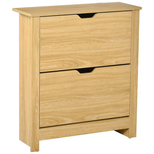 Shoe Storage Cabinet with 2 Flip Drawers and Adjustable Shelves for 12 Pairs of Shoes, Natural Wood