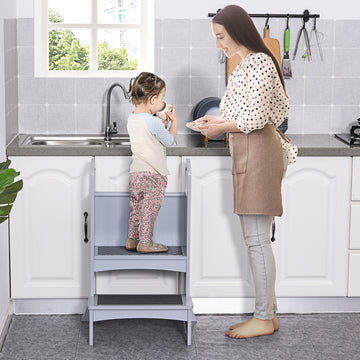 Qaba 2 Step Stool Kids Kitchen Helper with Support Handles and Non-Slip Pad for Kitchen, Living room and Bathroom, Grey