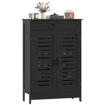 Shoe Cabinet with Louvered Doors, Modern Shoe Storage Cabinet with Drawer and Adjustable Shelves, Black