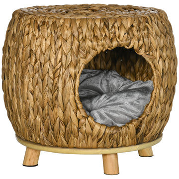 Wicker Cat Bed with Washable Cushion, Elevated Rattan Kitten Bed for Indoor Cats, Light Brown