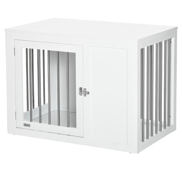 2-in-1 Dog Cage and Side Table, with Two Lockable Doors, for Medium Dogs - White