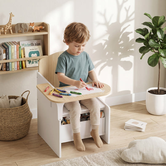Kids Table and Chair Set, Children Desk and Chair with Storage Bin for Playing, Reading, Painting, for Ages 3-5, White