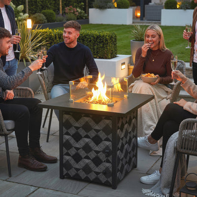 Propane Fire Pit Table, 28 Inch Gas Fire Pit with Explosion-Proof Net and Glass Wind Guard, Gas Tank Holder