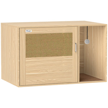 Cat Litter Box Enclosure, Cat Washroom End Side Table with Rattan Door, Scratching Pad, Non-slip Foot Pads, White