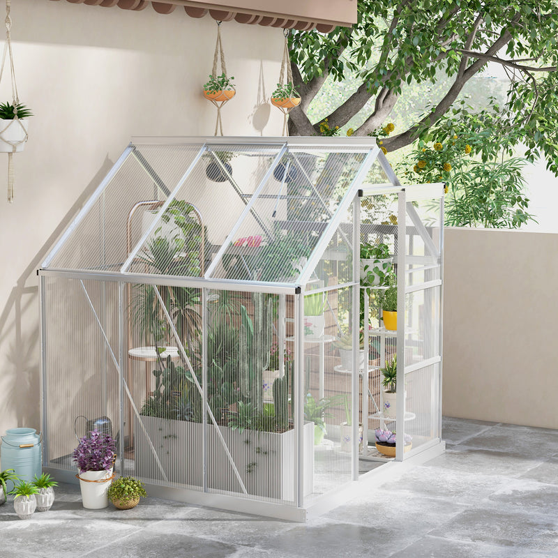 6' x 6' Walk-In Greenhouse, Polycarbonate Greenhouse with Sliding Door, Window, Aluminium Frame, Foundation