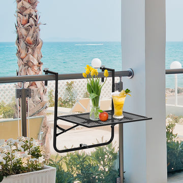 Balcony Hanging Table, Metal Wall Mount Desk, Adjustable Folding Balcony Deck Table for Patio and Garden, Black