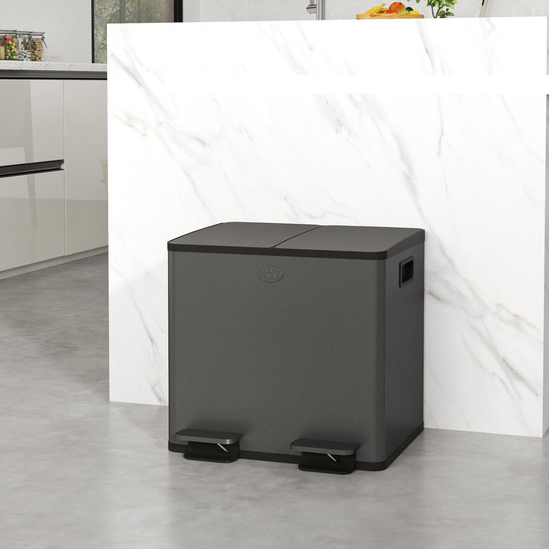 Dual Garbage Bin, Soft-Close Trash Can with Foot Pedal, 2 x 15 Liter Garbage Can with Removable Inner Buckets, Black