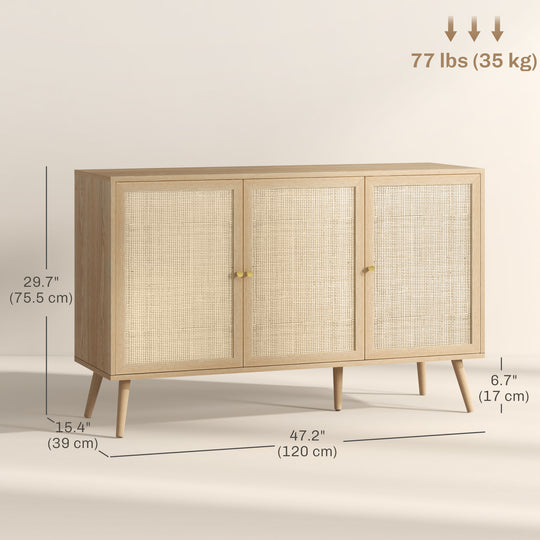 Kitchen Sideboard Cabinet, Boho Storage Cabinet with Shelves, Wood Legs, Decorative Rattan Doors, Black