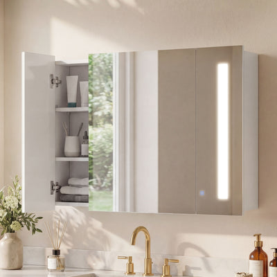 Armoire à pharmacie DEL avec miroir, Armoire de salle de bain murale avec tablettes ajustables, Blanc très lustré