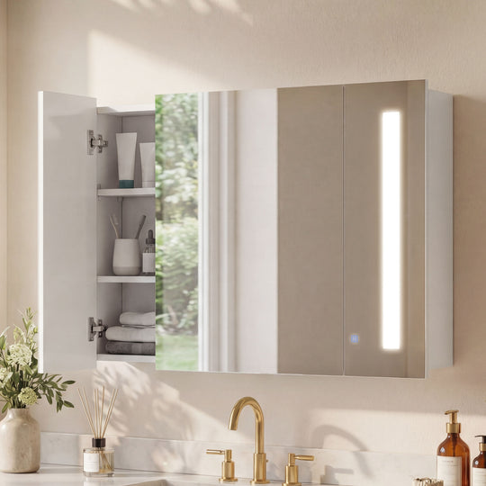 LED Medicine Cabinet with Mirror, Wall Mounted Bathroom Mirror Cabinet with Adjustable Shelves, High Gloss, High Gloss White