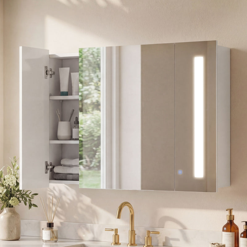 LED Medicine Cabinet with Mirror, Wall Mounted Bathroom Mirror Cabinet with Adjustable Shelves, High Gloss, High Gloss White