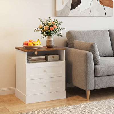 Nightstand with Charging Station 2 Drawers Bedside Table Set of 2 White and Oak