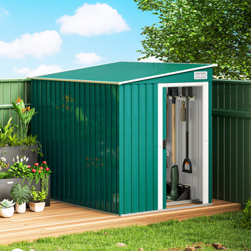 5x7 Garden Shed, Lean-to Metal Storage with Foundation, Sliding Door & 2 Vents for Garden Tools, Green