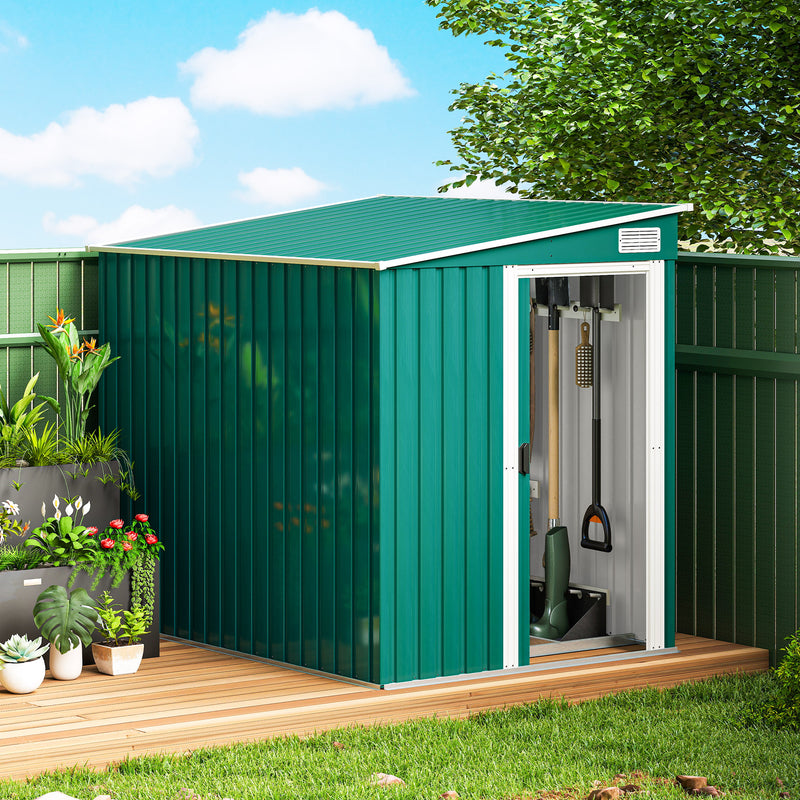 5x7 Garden Shed, Lean-to Metal Storage with Foundation, Sliding Door & 2 Vents for Garden Tools, Green