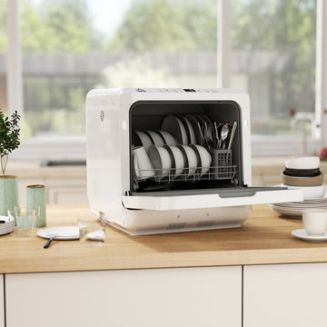Portable Dishwasher, Counter Dishwasher with 4 Place Settings, 5 Washing Programs, Air-Dry Function, 6L Water Tank, White
