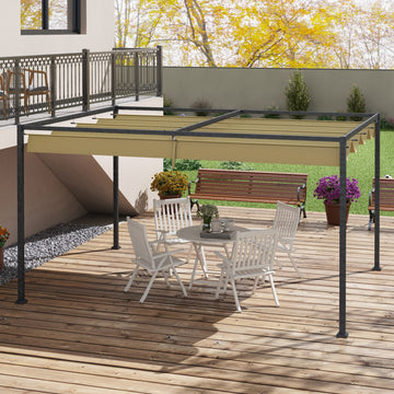 10x7ft Pergola with Retractable Roof Outdoor Patio Sun Shelter Garden Grape Tent Water-resistant Yard Shade, Khaki