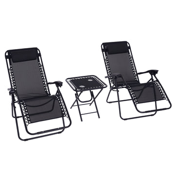 Zero Gravity Chair Set of 2 Patio Chair with Side Table Cupholders and Pillows for Pool, Backyard, Lawn, Black