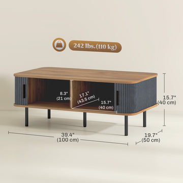 Coffee Table with Storage, Nordic Side Table with Fluted Tambour Sliding Doors and Steel Legs for Living Room, Oak