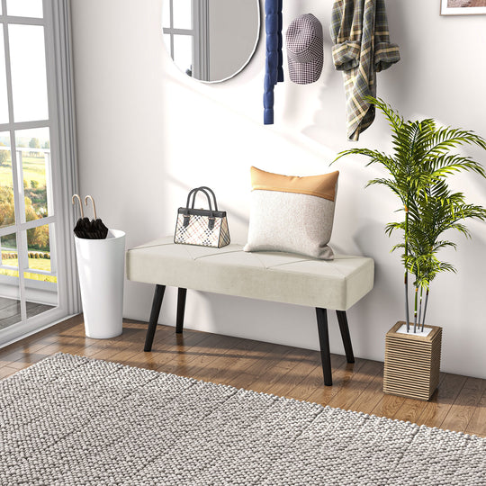 39 Inches Upholstered Bedroom Bench, Modern End of Bed Bench with Steel Legs, Cream White