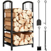 2-Tier Firewood Log Rack with 4 Tools, Fireplace Wood Storage Holder with Shovel, Broom, Poker, Tongs and Hooks, Black