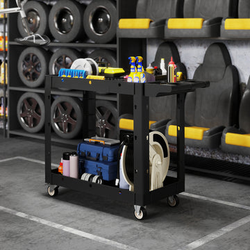2-Tier Rolling Tool Cart with Wheels, 500 LBS Capacity Utility Cart with Handle, Mobile Service Tool Organizer, Black