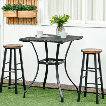 Patio Wicker Dining Table with Umbrella Hole, 34 Inch Outdoor PE Rattan Coffee Table with Plastic Board Under the Woven Table Top for Patio, Garden, Balcony, Black