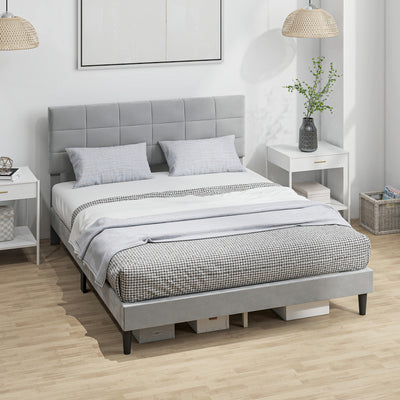Queen Size Bed Frame with Upholstered Headboard, Modern Platform Bed Frame with Wood Slats, 1100 lbs Capacity, Grey