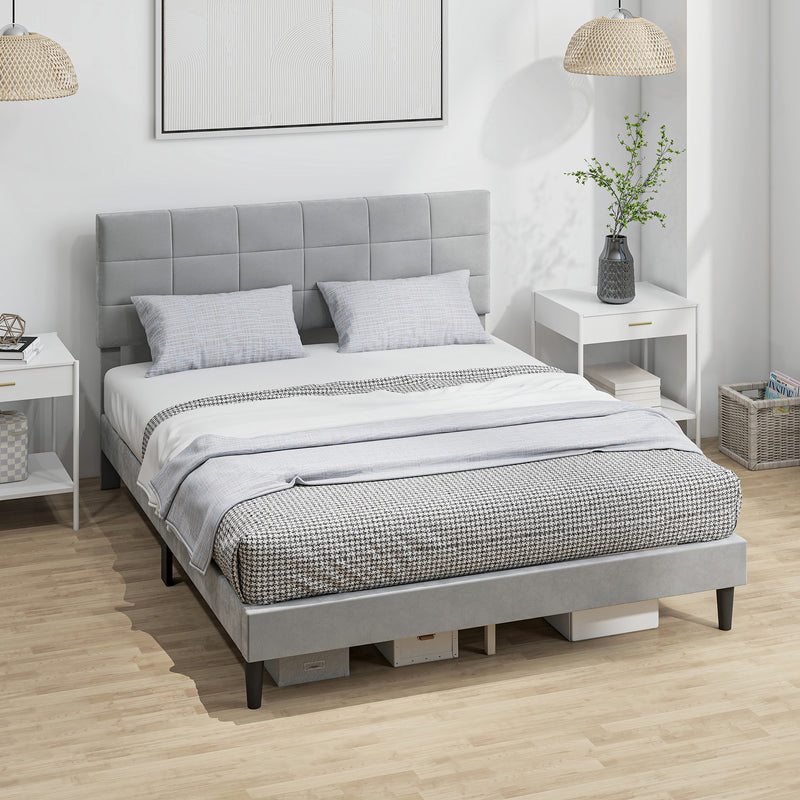 Queen Size Bed Frame with Upholstered Headboard, Modern Platform Bed Frame with Wood Slats, 1100 lbs Capacity, Grey