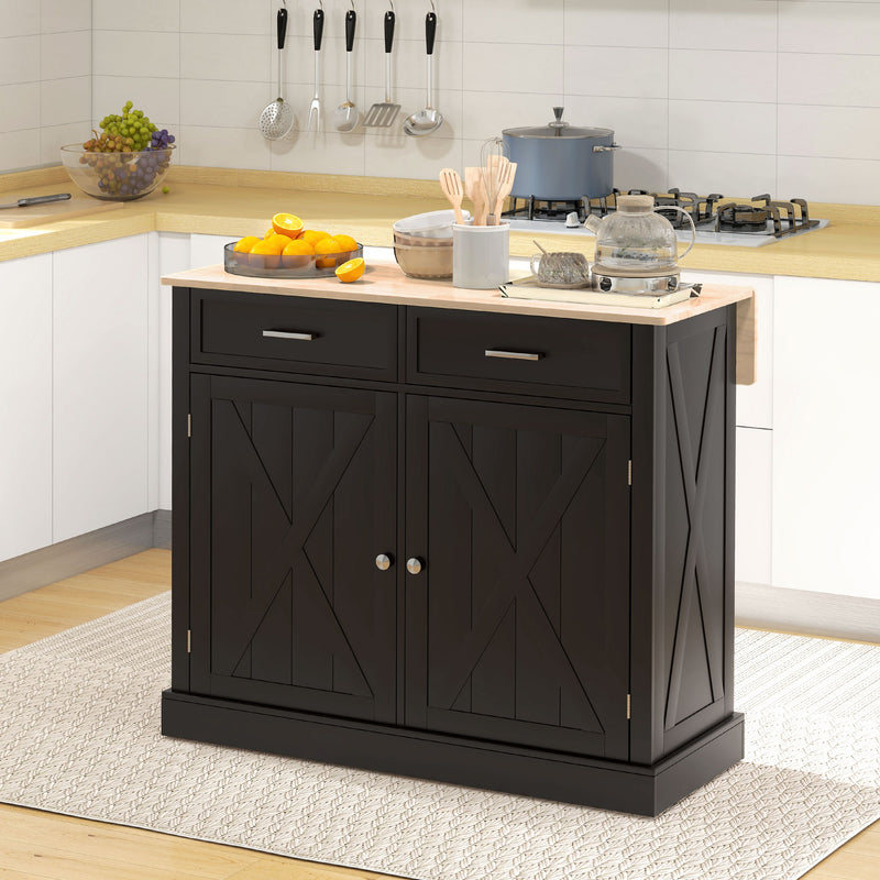 Rolling Kitchen Island with Drop Leaf Wood Breakfast Bar, Farmhouse Kitchen Cart with 2 Drawers, Adjustable Shelves for Dining Room, Black