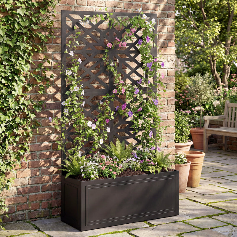 Metal Raised Garden Bed with Trellis for Climbing Plants, Freestanding or Wall Mounted Flower Bed with Privacy Panel